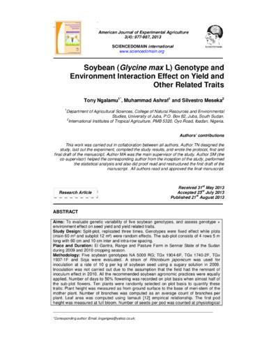 Soybean (Glycine max L) genotype and environment interaction effect on yield and other related traits