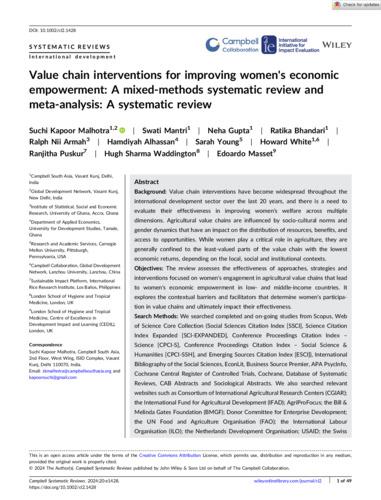 Value chain interventions for improving women's economic empowerment: A mixed‐methods systematic review and meta‐analysis: A systematic review