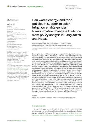 Can water, energy, and food policies in support of solar irrigation enable gender transformative changes? Evidence from policy analysis in Bangladesh and Nepal