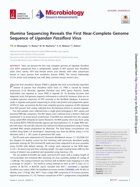 Illumina Sequencing Reveals the First Near-Complete Genome Sequence of Ugandan Passiflora Virus