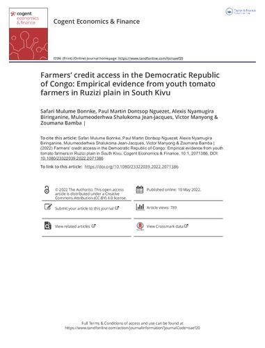 Farmers' credit access in the Democratic Republic of Congo: empirical evidence from youth tomato farmers in Ruzizi plain in south Kivu