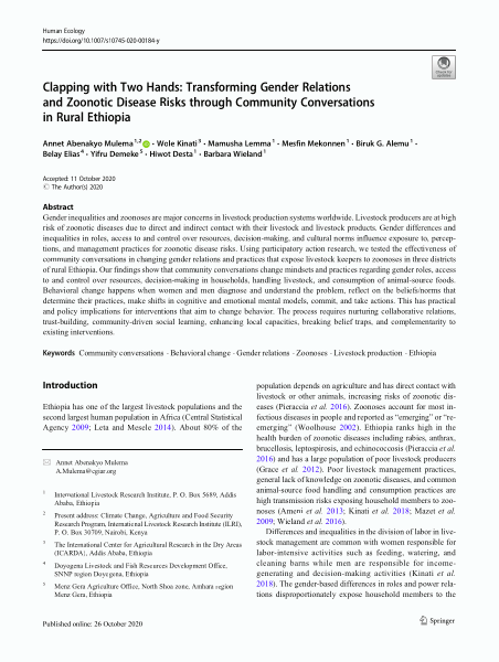 Clapping with two hands: Transforming gender relations and zoonotic disease risks through community conversations in rural Ethiopia