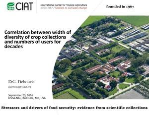 Correlation between width of diversity of crop collections and numbers of users for decades. Stressors and drivers of food security: evidence from scientific collections. USDA-NAL, Beltsville, MD, USA, 20 September, 2016.