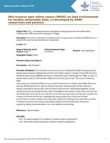 Mini-massive open online course (MOOC) on food environments for healthy sustainable diets, co-developed by A4NH researchers and partners