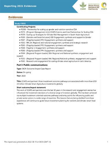 CCAFS and partners' three investment outcome pathways are associated with more than USD 3.5 billion Climate Smart Agriculture investments globally