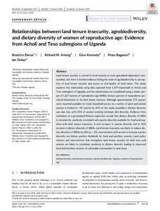 Relationships between land tenure insecurity, agrobiodiversity, and dietary diversity of women of reproductive age: Evidence from Acholi and Teso subregions of Uganda