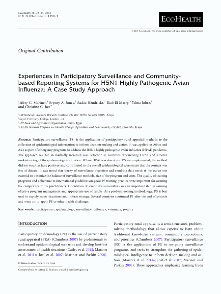 Experiences in participatory surveillance and community-based reporting systems for H5N1 highly pathogenic avian influenza: A case study approach
