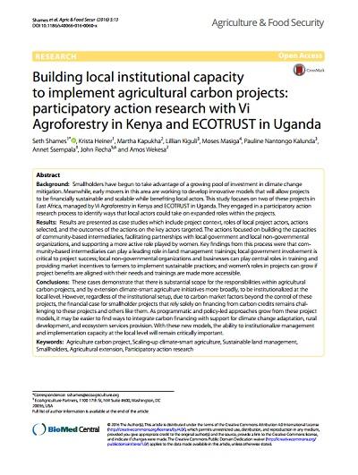 Building local institutional capacity to implement agricultural carbon projects: participatory action research with Vi Agroforestry in Kenya and ECOTRUST in Uganda