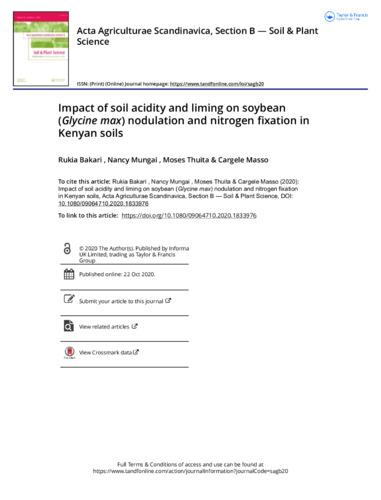 Impact of soil acidity and liming on soybean (Glycine max) nodulation and nitrogen fixation in Kenyan soils