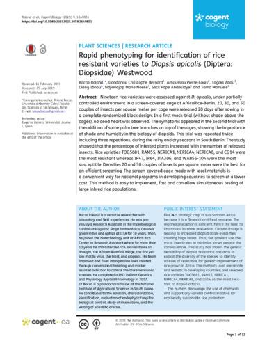 Rapid phenotyping for identification of rice resistant varieties to Diopsis apicalis (Diptera: Diopsidae) Westwood