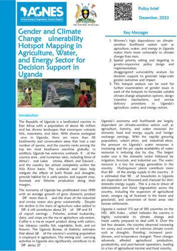 Gender and Climate Change Vulnerability Hotspot Mapping in Agriculture, Water and Energy Sector for Decision Support in Uganda