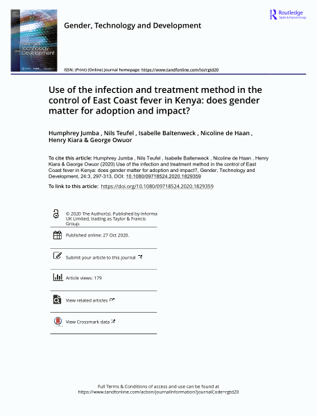 Use of the infection and treatment method in the control of East Coast fever in Kenya: Does gender matter for adoption and impact?