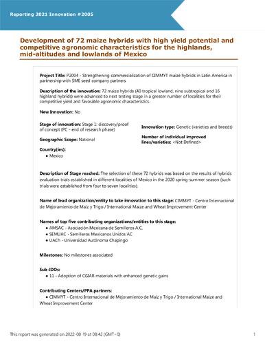 Development of 72 maize hybrids with high yield potential and competitive agronomic characteristics for the highlands, mid-altitudes and lowlands of Mexico