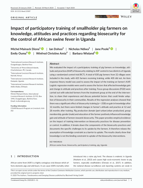 Impact of participatory training of smallholder pig farmers on knowledge, attitudes and practices regarding biosecurity for the control of African swine fever in Uganda
