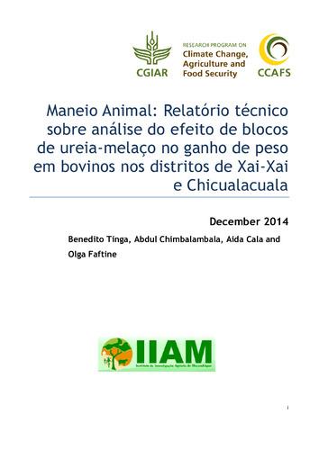 Maneio Animal: Relatório técnico sobre análise do efeito de blocos de ureia-melaço no ganho de peso em bovinos nos distritos de Xai-Xai e Chicualacuala