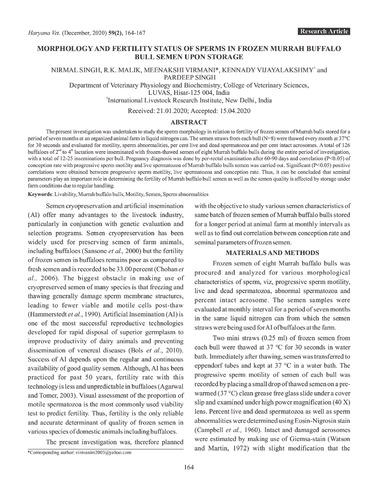 Morphology and fertility status of sperms in frozen Murrah buffalo bull semen upon storage