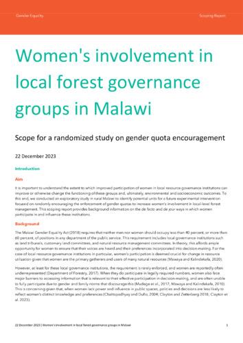 Women's involvement in local forest governance groups in Malawi: Scope for a randomized study on gender quota encouragement