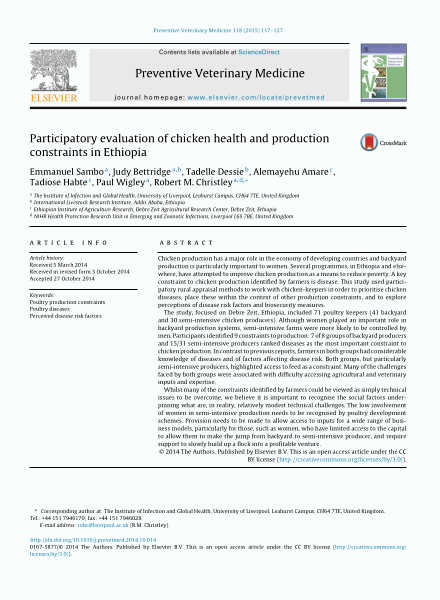 Participatory evaluation of chicken health and production constraints in Ethiopia