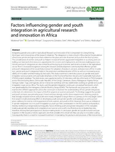Factors influencing gender and youth integration in agricultural research and innovation in Africa