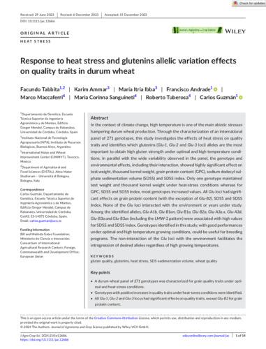 Response to heat stress and glutenins allelic variation effects on quality traits in durum wheat