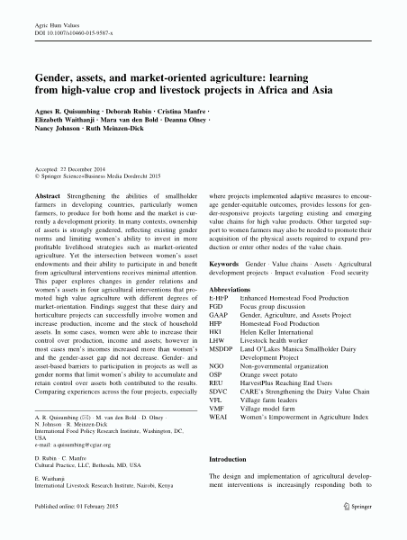 Gender, assets, and market-oriented agriculture: learning from high-value crop and livestock projects in Africa and Asia