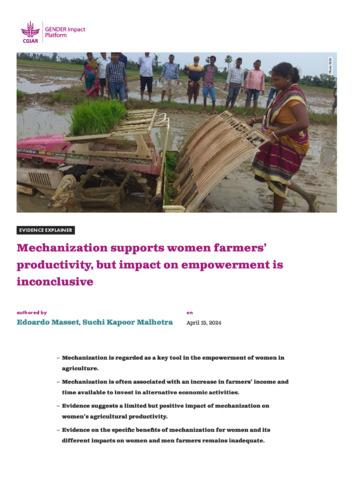 Mechanization supports women farmers’ productivity, but impact on empowerment is inclusive