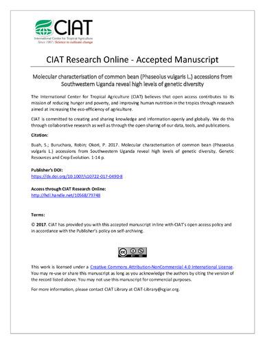 Molecular characterisation of common bean (Phaseolus vulgaris L.) accessions from Southwestern Uganda reveal high levels of genetic diversity