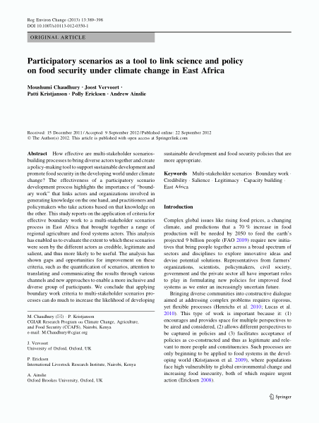 Participatory scenarios as a tool to link science and policy on food security under climate change in East Africa