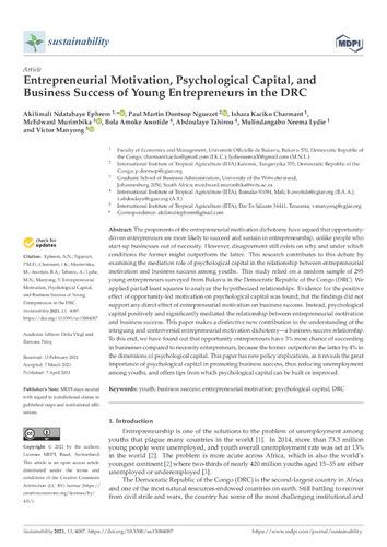 Entrepreneurial motivation, psychological capital, and business success of young entrepreneurs in the DRC