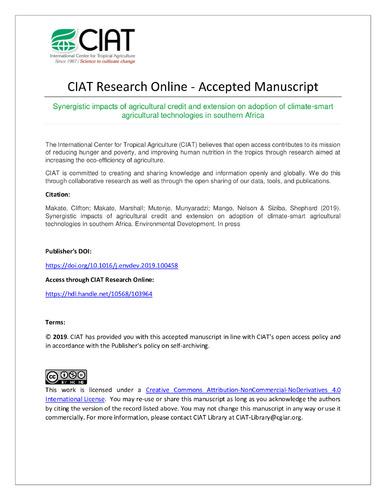 Synergistic impacts of agricultural credit and extension on adoption of climate-smart agricultural technologies in southern Africa
