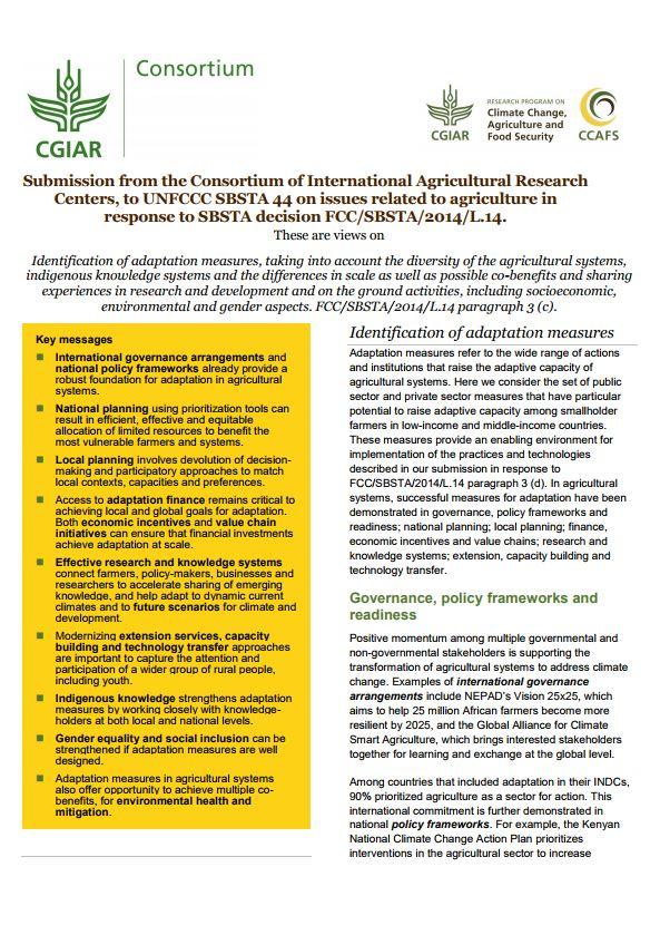 Submission from the Consortium of International Agricultural Research Centers, to UNFCCC SBSTA 44 on issues related to agriculture in response to SBSTA decision FCC/SBSTA/2014/L