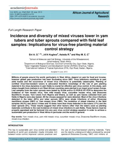 Incidence and diversity of mixed viruses lower in yam tubers and tuber sprouts compared with field leaf samples: Implications for virusfree planting material control strategy