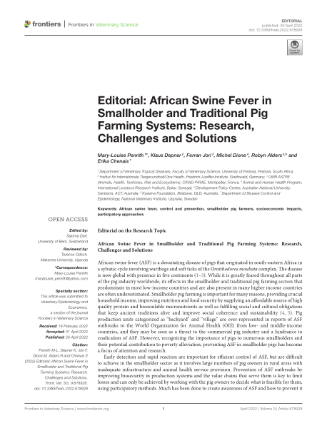Editorial: African swine fever in smallholder and traditional pig farming systems: Research, challenges and solutions