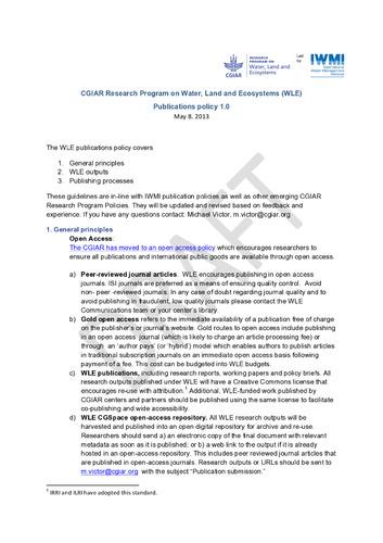 CGIAR Research Program on Water, Land and Ecosystems: Publications policy 1.0