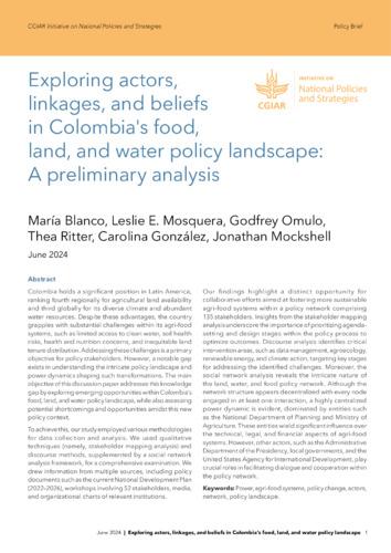 Exploring actors, linkages, and beliefs in Colombia's food, land, and water policy landscape: A preliminary analysis