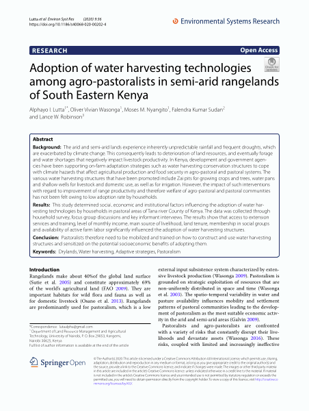 Adoption of water harvesting technologies among agro-pastoralists in semi-arid rangelands of South Eastern Kenya