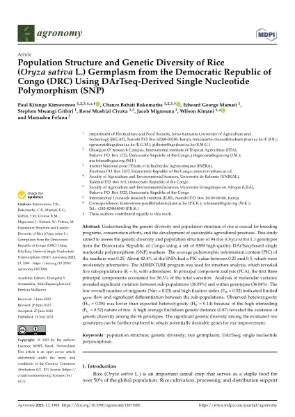 Population Structure and Genetic Diversity of Rice (Oryza sativa L.) Germplasm from the Democratic Republic of Congo (DRC) Using DArTseq-Derived Single Nucleotide Polymorphism (SNP)
