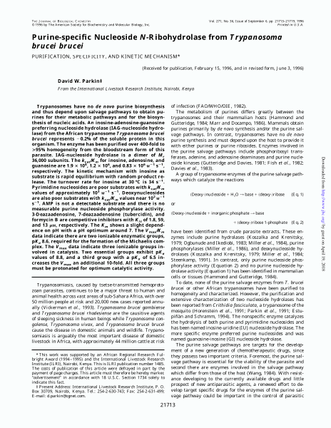 Purine-specific nucleoside N-ribohydrolase from Trypanosoma brucei brucei. Purification, specificity, and kinetic mechanism