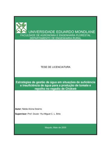 Estratégias de gestão de água em situações de suficiência e insuficiência de água para a produção de tomate e repolho no regadio de Chókwè