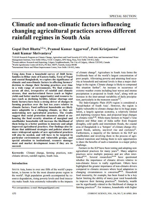Climatic and non-climatic factors influencing changing agricultural practices across different rainfall regimes in South Asia