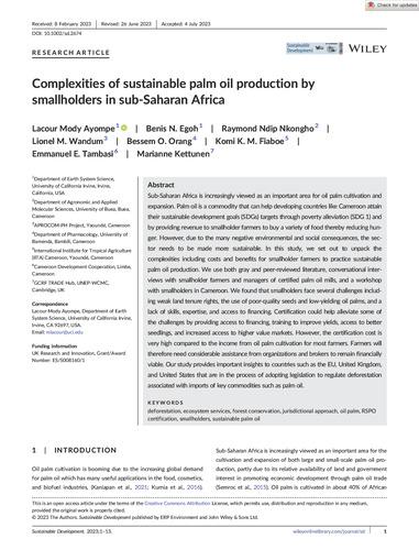 Complexities of sustainable palm oil production by smallholders in sub-Saharan Africa