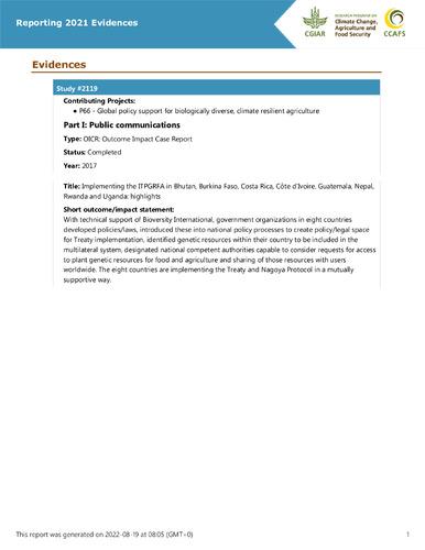 Implementing the ITPGRFA in Bhutan, Burkina Faso, Costa Rica, Côte d’Ivoire, Guatemala, Nepal, Rwanda and Uganda: highlights