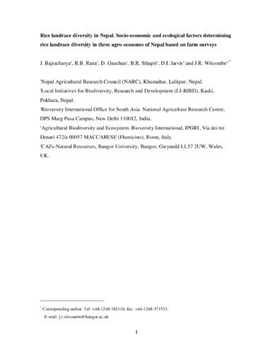 Rice landrace diversity in Nepal. Socio-economic and ecological factors determining rice landrace diversity in three agro-ecozones of Nepal based on farm surveys