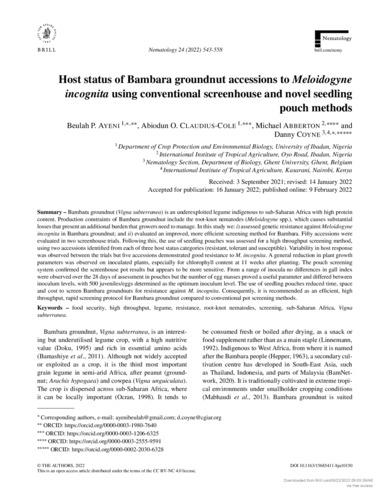 Host status of Bambara groundnut accessions to Meloidogyne incognita using conventional screenhouse and novel seedling pouch methods