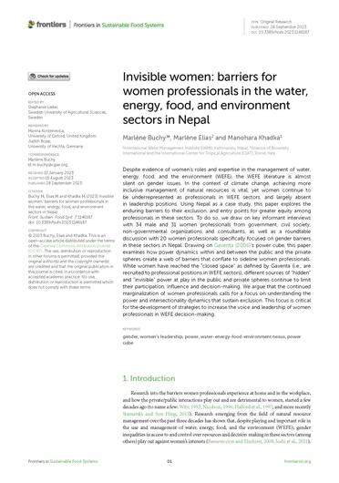 Invisible women: barriers for women professionals in the water, energy, food, and environment sectors in Nepal