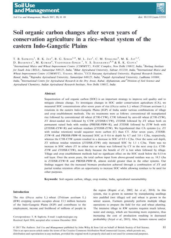 Soil organic carbon changes after seven years of conservation agriculture in a rice–wheat system of the eastern Indo‐Gangetic Plains