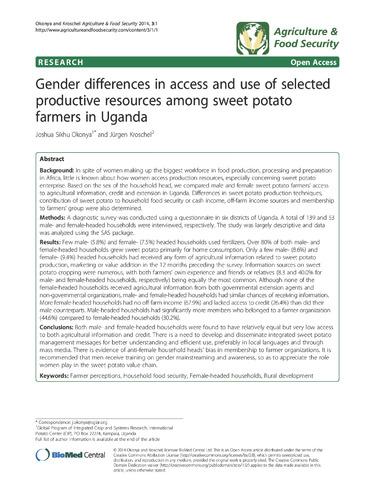 Gender differences in access and use of selected productive resources among sweet potato farmers in Uganda