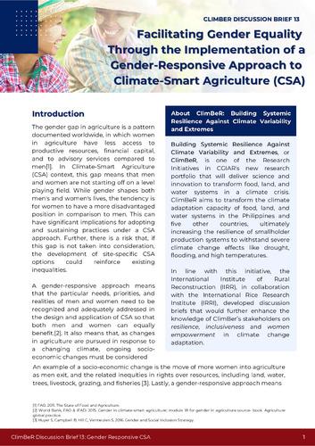 Facilitating Gender Equality Through the Implementation of a Gender Responsive Approach to Climate-Smart Agriculture (CSA)