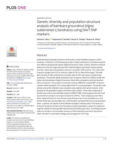 Genetic diversity and population structure analysis of bambara groundnut (Vigna subterrenea L) landraces using DArT SNP markers