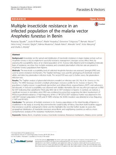 Multiple insecticide resistance in an infected population of the malaria vector Anopheles funestus in Benin